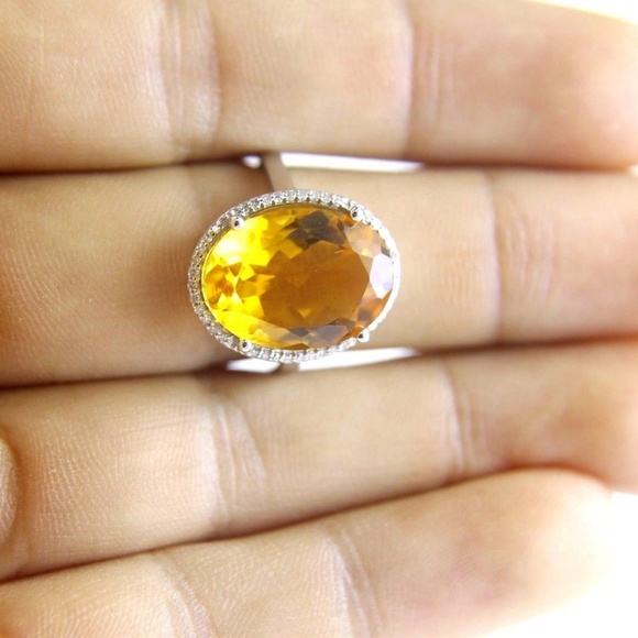 Honey Yellow Citrine & Diamond Halo Ring WG 7.64Ct - Picture 3 of 7
